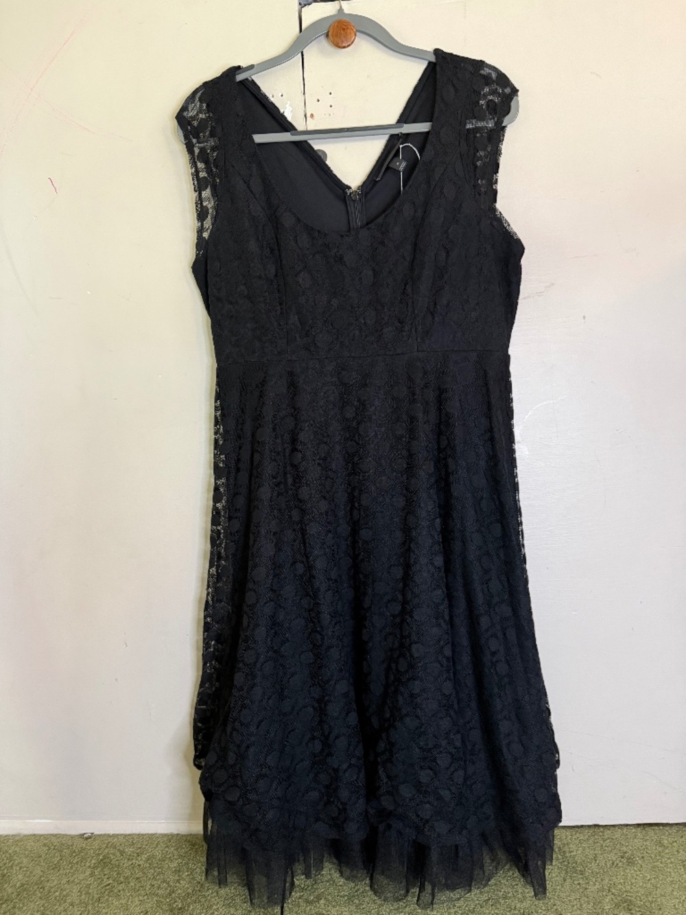 Black lace polka-dot fit-and-flare dress with fringe hem